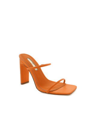 Billini, Chantel, Orange leather pump with slim squared heel with squared toes and 2 thin padded straps over toes, The Show Curator