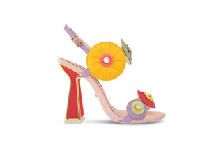 Kat Maconie, Corran, multi coloured leather heel with different colours flowers as straps, hourglass patent heel with gold edging, The Shoe Curator