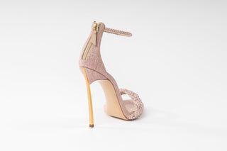 Casadei, Blade, Rose Gold sequenced stiletto with peeped toe and braided toe cover with zip ankle and gold stiletto heel, The Shoe Curator