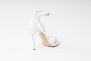 Casadei, Roma Blade, Silver patent stiletto with peeped toe and toe cover and adjustable ankle strap with back foot cover, The Shoe Curator