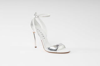Casadei, Roma Blade, Silver patent stiletto with peeped toe and toe cover and adjustable ankle strap with back foot cover, The Shoe Curator