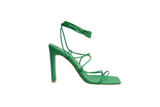 Billini, Cayara, Green leather slim wide heel stiletto with wide squared toes and thin wraps from toe to ankles, The Shoe Curator