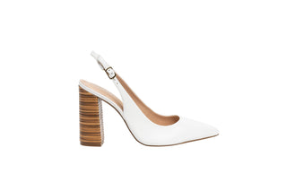 Capelli Rossi white heel with a slingback pump and pointed toes, wooden bamboo block heel, Charlie, The Shoe Curator
