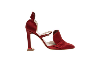 Rosbalet, Dragon Pump, Red velet patent pump with thin adjustable strap on the middle of the heel with covered pointed toes and a back cover over heel, and open foot with small block heel, The Shoe Curator