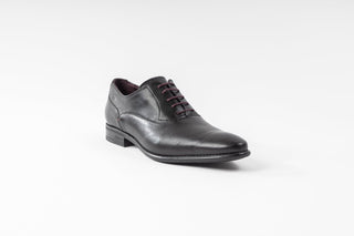 Fluchos, Carl, Black leather oxford style pointed toe shoe with brown lace and stiching around the shoe, The Shoe Curator