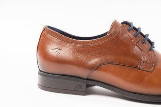 Fluchos, Dan, Light brown leather mens shoe with pointed toes and small stich detailing with blue laces, The Shoe Curator