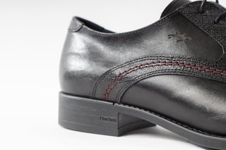 Fluchos, Wright, Black leather slim squared shoe with stiching side and back detailed and dark laces, The Shoe Curator
