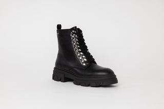 Gioseppo, Holzthum, Black patent ary boots with high and thick tread and think laces down the front with big chains, The Shoe Curator