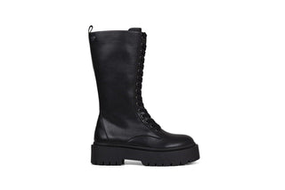 Gioseppo, Kitui, Black leather mid-calf boots with laces up the front and thick black rubber sole, The Shoe Curator