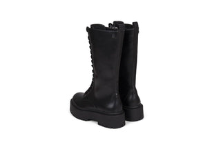 Gioseppo, Kitui, Black leather mid-calf boots with laces up the front and thick black rubber sole, The Shoe Curator