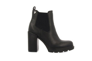 Gioseppo,Tindouf, Black leather ankle boot with elastic chunk and block heel with black rubber sole, The Shoe Curator