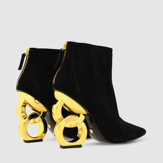 Kat Maconie, Dara, black low cut suede leather boot with pointed toe with zip and gold patent chain heel, The Shoe Curator
