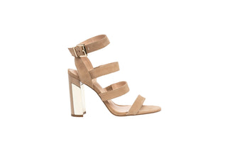 Capelli Rossi almond suede sandal high heel with straps, patent gold and almond block heel, Hayley, The Shoe Curator.