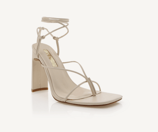 Billini, Hera, White leather pump with thin straps between toes and to the ankle with squared toes and slim wide heel, The Shoe Curator