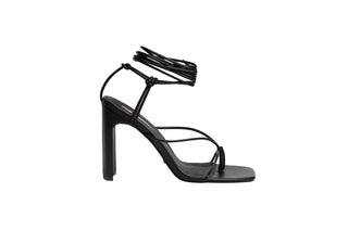 Billini, Hera, Black leather pump with straps through the toes around the ankle with slim-wide block heel, The Shoe Curator