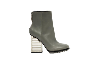 United Nude, Hi Rise, Grey leather boot with zip and sole tread and a clear see through heel, The Shoe Curator