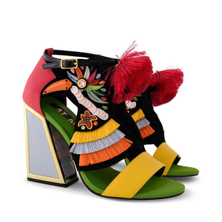 Kat Maconie, Aya, rainbow multi-coloured leather, pom pom and bird detailed pump with a silver and gold block heel, The Shoe Curator