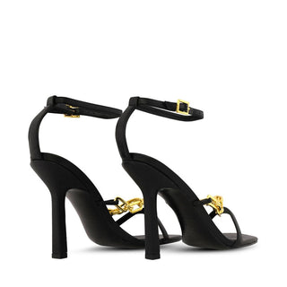 Kat Maconie, Arboga-Black, leather thin strap buckle and gold chain strap square stiletto heel, The Shoe Curator