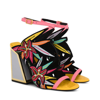 Kat Maconie, Calypso, black base with multicoloured flower designs and silver and gold patent block heel, The Shoe Curator