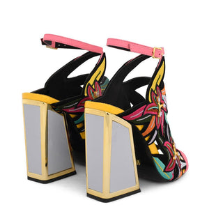 Kat Maconie, Calypso, black base with multicoloured flower designs and silver and gold patent block heel, The Shoe Curator