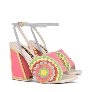Kat Maconie, Carmel, pink leather heel with multi-coloured flower desgin, kicker block heel with gold detailing and pink inside, the Shoe Curator