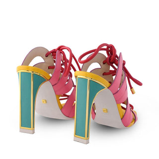 Kat Maconie, Celia-Dragonfruit, pink leather base with multicoloures sole and block heel with gold edging, adjustable lace up to the strap, The Shoe Curator