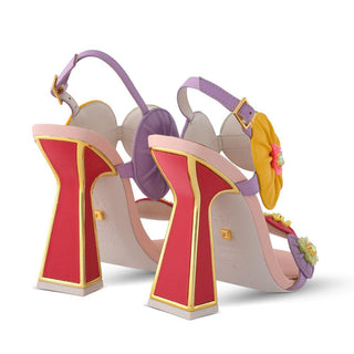 Kat Maconie, Corran, multi coloured leather heel with different colours flowers as straps, hourglass patent heel with gold edging, The Shoe Curator