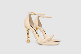 Kat Maconie, Erin Cream, White leather shoe with open toe strap and adjustable ankle strap with gold chain stiletto heel, The Shoe Curator