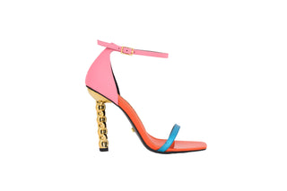 Kat Maconie, Erin Cream, Multicoloured, pink, orange and blue, leather shoe with open toe strap and adjustable ankle strap with gold chain stiletto heel, The Shoe Curator