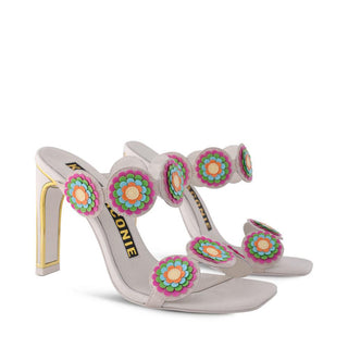 Kat Maconie, Iza, white leather high heels with light shades of multi colours in flower designs, slim-wide block heel with gold edging, The Shoe Curator