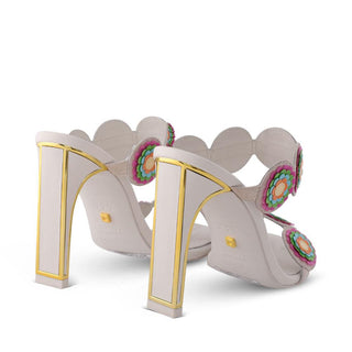 Kat Maconie, Iza, white leather high heels with light shades of multi colours in flower designs, slim-wide block heel with gold edging, The Shoe Curator
