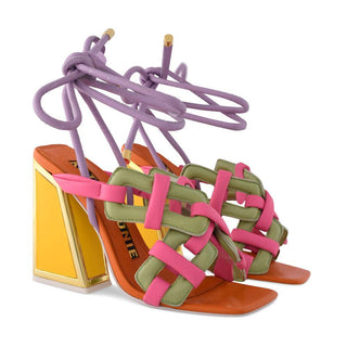 Kat Maconie, Monira, Multi coloured leather shoe with a rope strap and gold edging on kicker block heel, The Shoe Curator
