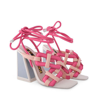 Kat Maconie, Monira, Hot pink and pastel pink leather shoe with rope strap and criss cross pattern, a kicker block heel with white edging, The Shoe Curator