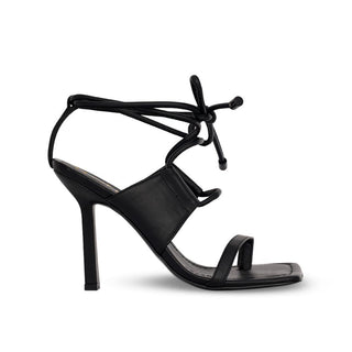 Kat Maconie, Odessa, Black faux leather with chunky sides and rope strap tie and a stiletto square heel with a square toe, The Shoe Curator