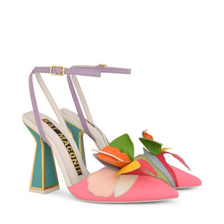 Kat Maconie, Rafi, Pastel multi-coloured leather pump with pointed toes and 3D petals with an hourglass heel with gold edging, The Shoe Curator