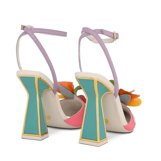 Kat Maconie, Rafi, Pastel multi-coloured leather pump with pointed toes and 3D petals with an hourglass heel with gold edging, The Shoe Curator