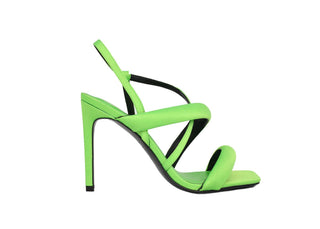 Kat Maconie, Ravenna, Neon Green leather square peeped toe with stiletto heel and cross over straps, The Shoe Curator