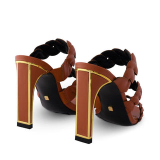 Kat Maconie, Rika, Caramel leather with 3 braids down the foot with a slim-wide heel with gold edging, The Shoe Curator