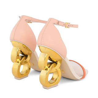 Kat Maconie, Suzu, Pastel pink leather with buckle strap and orange toe strap with a gold patent chain heel, The Shoe Curator