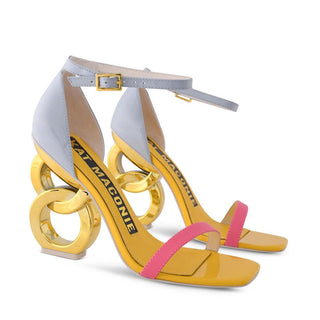 Kat Maconie, Suzu, yellow, baby blue (patent) and pink leather stiletto with gold buckle strap and gold patent chain heel, The Shoe Curator