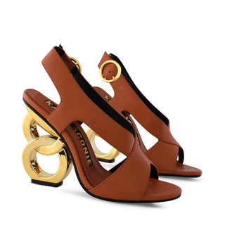 Kat Maconie, Tosca, Soft caramel leather with crossover of materials and a v cut down the foot and a gold patent chain heel, The Shoe Curator