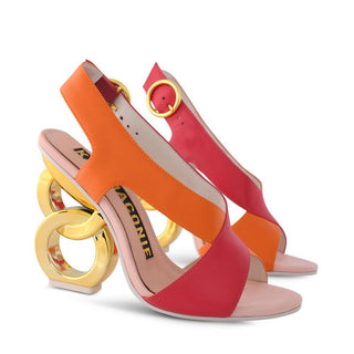 Kat Maconie, Tosca, Orange and pink leather stiletto with v cut and crossover of materials and a gold patent chain heel, The Shoe Curator