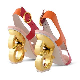 Kat Maconie, Tosca, Orange and pink leather stiletto with v cut and crossover of materials and a gold patent chain heel, The Shoe Curator