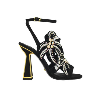 Kat Maconie, Kiawa, Black suede with open toes and palm tree details with gems and sparkles, thin black adjustable strap and hourglass heel with gold edging, The Shoe Curator
