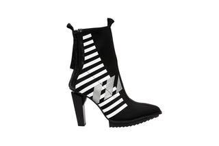 United Nude, Lev Calli Hi, Black and white leather boot with stripes in the middle and black on the front and back with zip, floating small block heel floating, The Shoe Curator