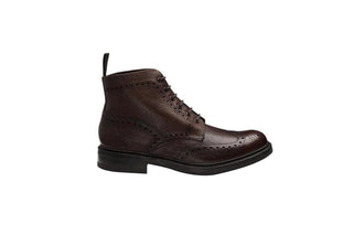Loake, Bedale, Dark Brown leather ankle boot with stitching detailing and dot art with round toe and brown laces, The Shoe Curator