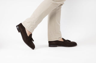 Loake, Russell, Brown Suede loafer with tassel on the front and slim squared toes modelled with feet and legs, The Shoe Curator