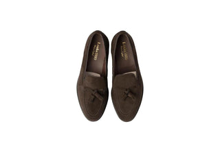 Loake, Russell, Brown Suede loafer with tassel on the front and slim squared toes, The Shoe Curator