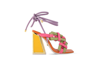 Kat Maconie, Monira, Multi coloured leather shoe with a rope strap and gold edging on kicker block heel, The Shoe Curator