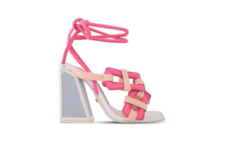 Kat Maconie, Monira, Hot pink and pastel pink leather shoe with rope strap and criss cross pattern,  a kicker block heel with white edging, The Shoe Curator